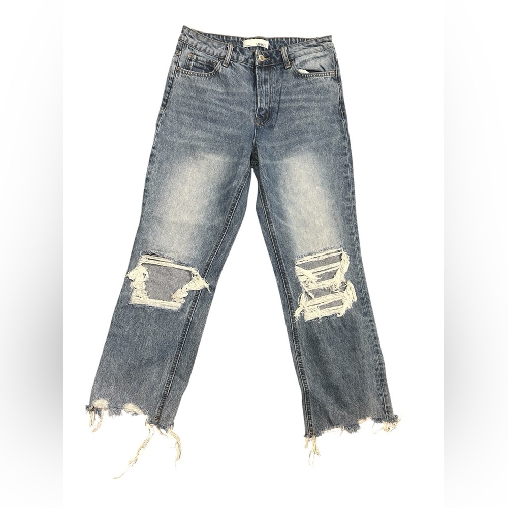 VERVET Distressed Straight-Leg Jeans in Faded Blue